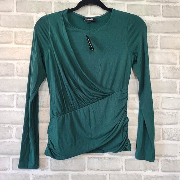 Express Solid Ruched Twist Front Long Sleeve TeeTeal Green Size Small NWT - Picture 1 of 8